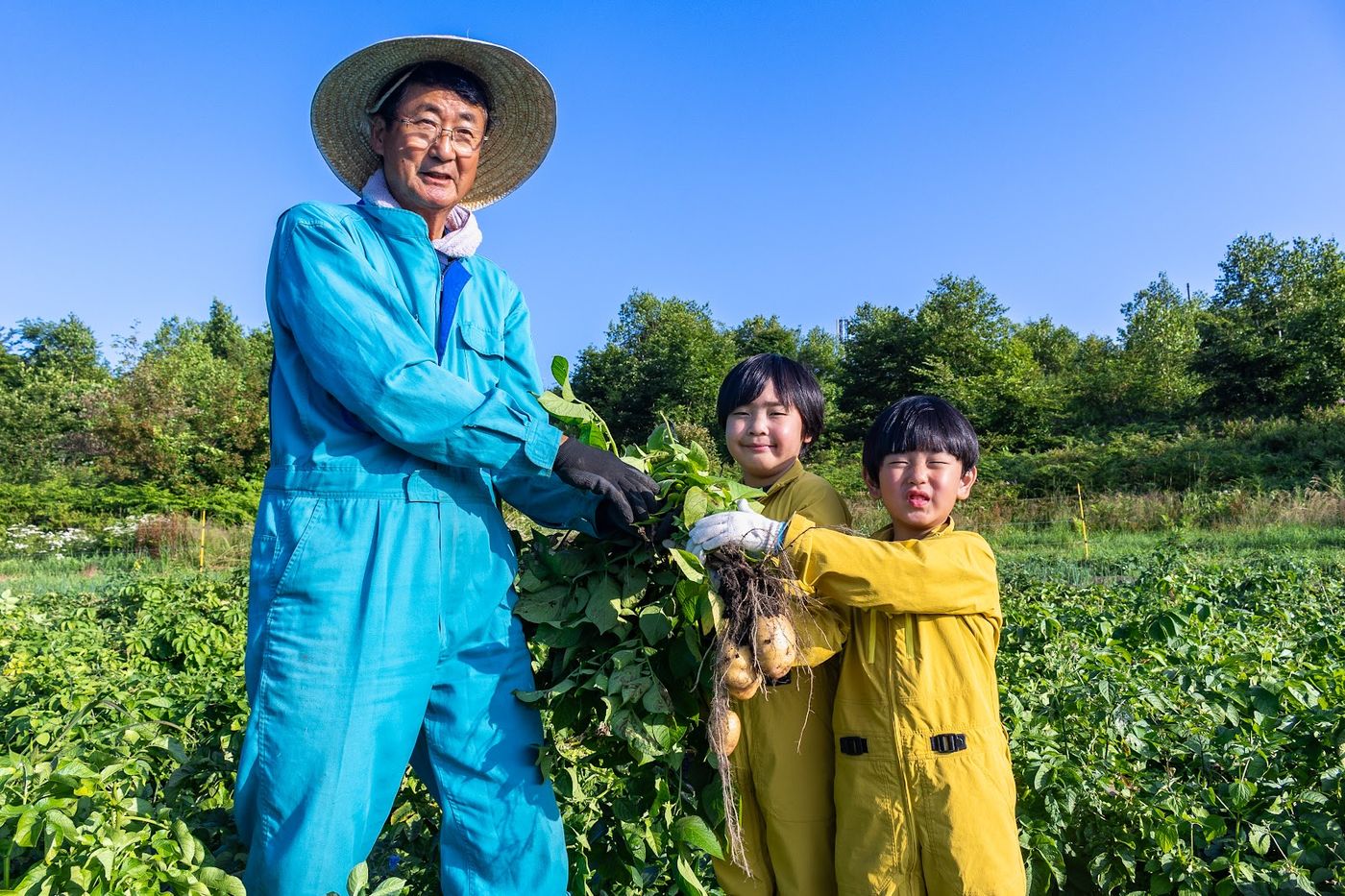 畑で子どもたちと収穫する真籠さん